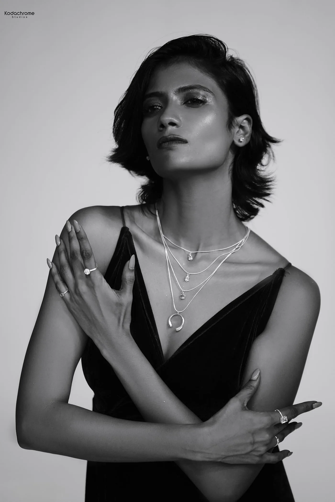 Layered silver on black velvet, shot in black and white.
