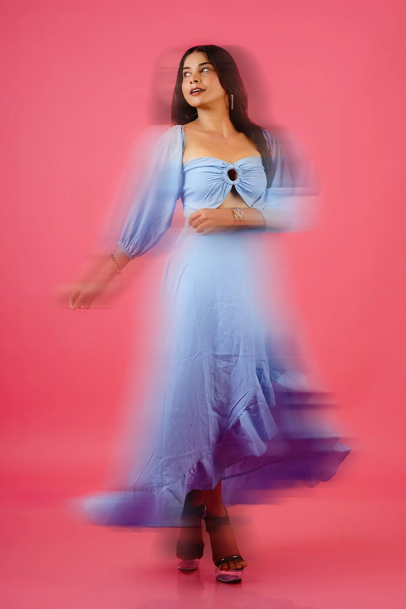 A blue dress and a white shirt set - movement, catalogue and close-up in one sitting.